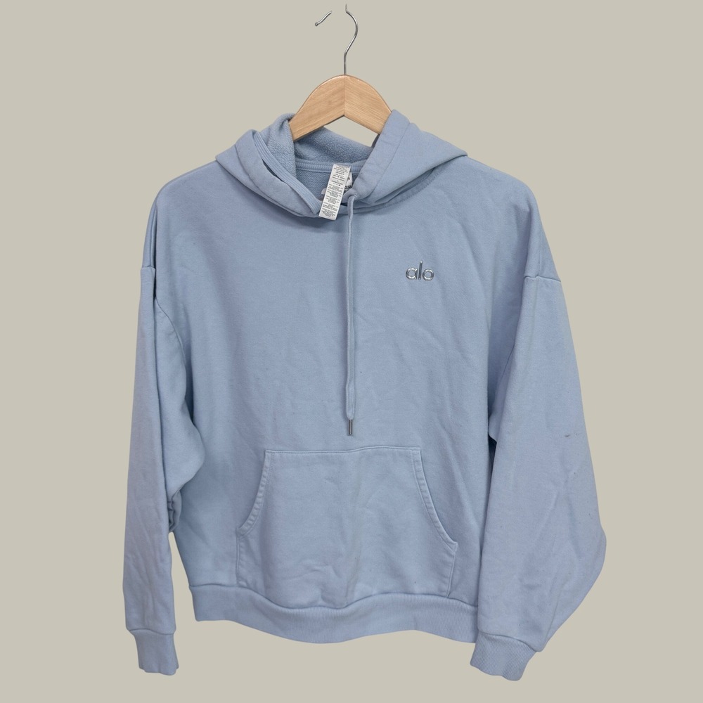Alo Yoga Accolade Hoodie Light Blue Chrome Logo Fleece Sweatshirt Womens Medium